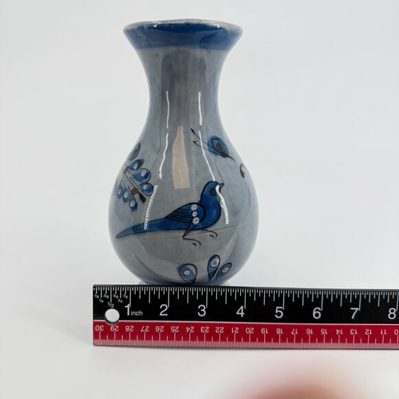 Vintage Mexican Tonala Pottery Vase 8 in Signed Hand Painted Blue Bird Floral - Picture 6 of 6